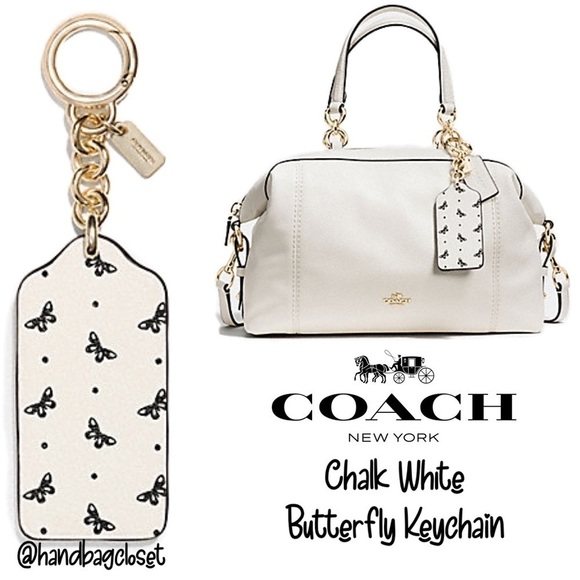 Coach Butterfly White Chalk Black Leather Keychain Key Charm NWT F59863 Gold - Picture 1 of 4
